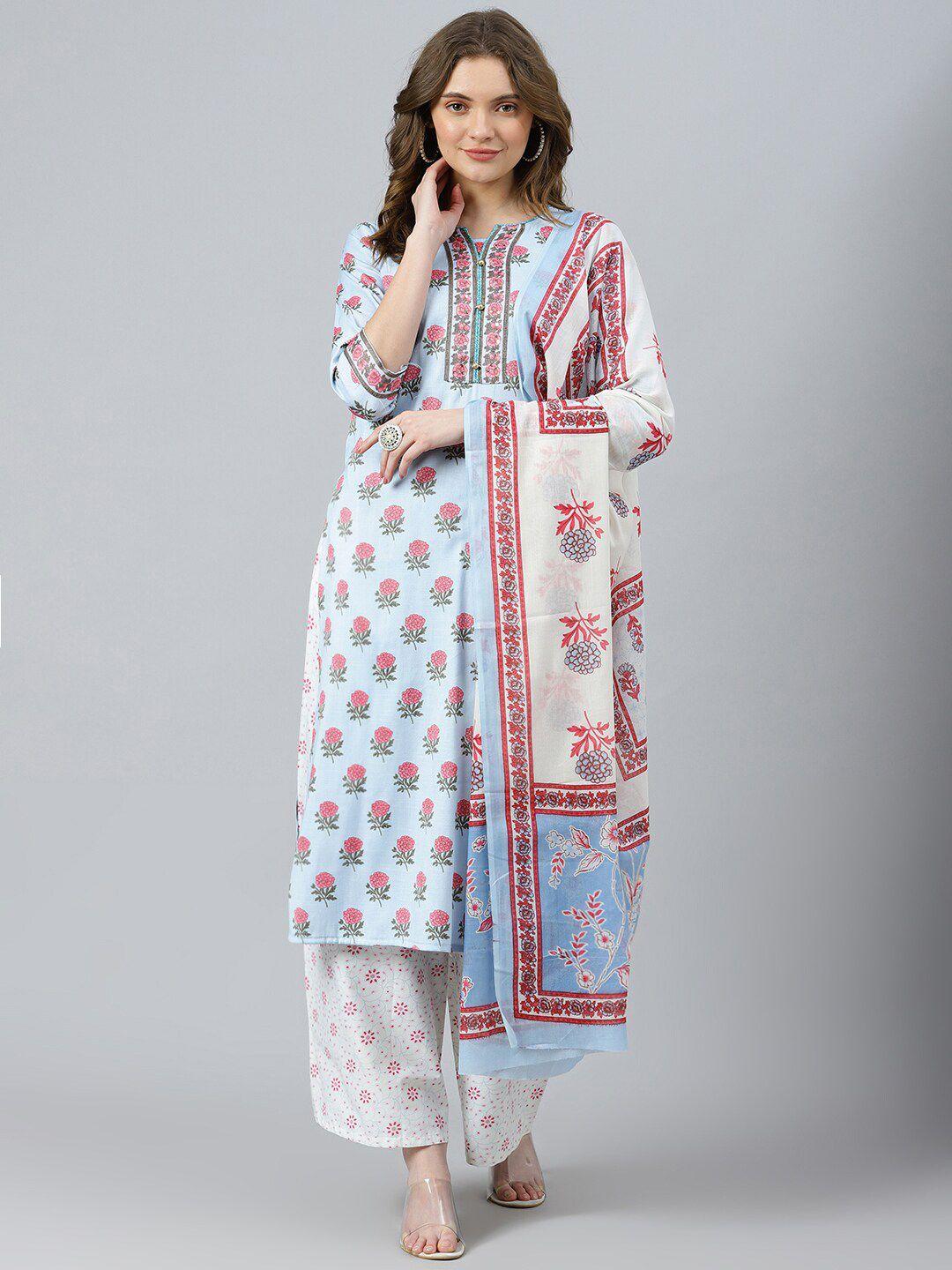 ratan notched neck floral printed sequinned pure cotton kurta with palazzos & dupatta