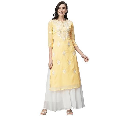 ratan women's georgette straight lucknowi chikankari ethinic wear kurta (lkn-yellow-medium)