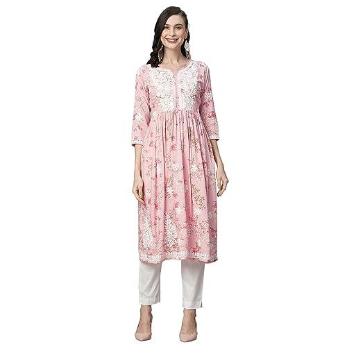 ratan women's rayon printed anarkali lucknowi chikankari ethnic wear kurta(bla-pink-m)