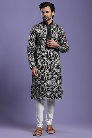 raven black embroidered & printed kurta set