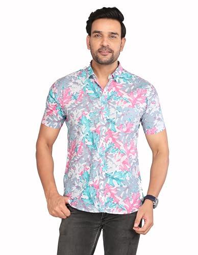 ravishree cotton blend floral printed half sleeves shirt for men (large, l-blue)