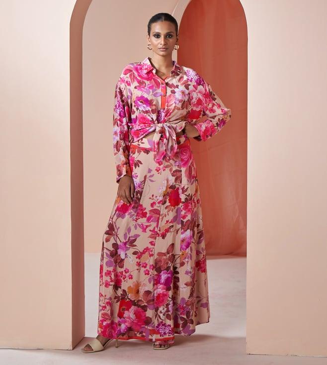 ravissant baby pink romantic floral crepe printed wraparound skirt