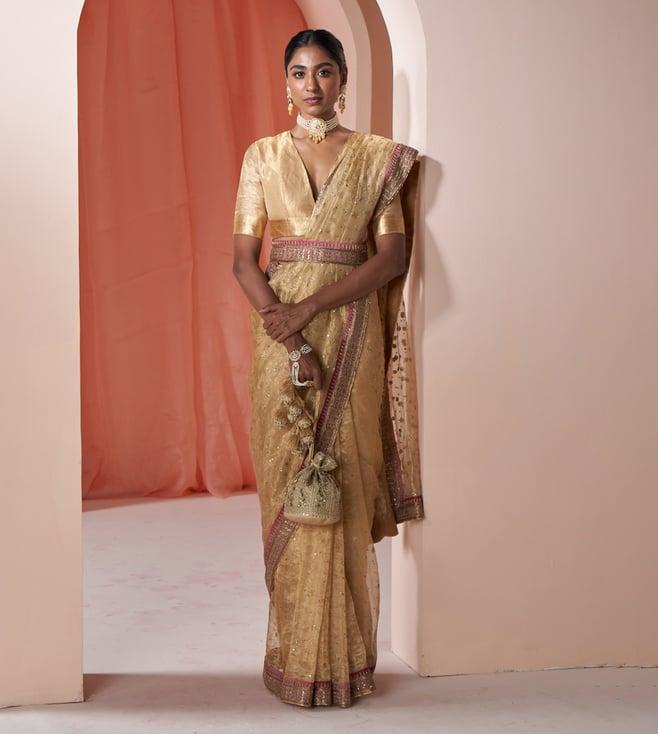 ravissant gold & beige tissue silk hand embroidered saree