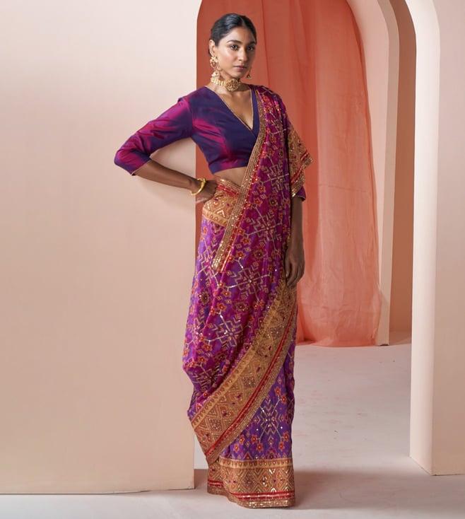 ravissant purple & red patola ikkat hand embroidered woven saree