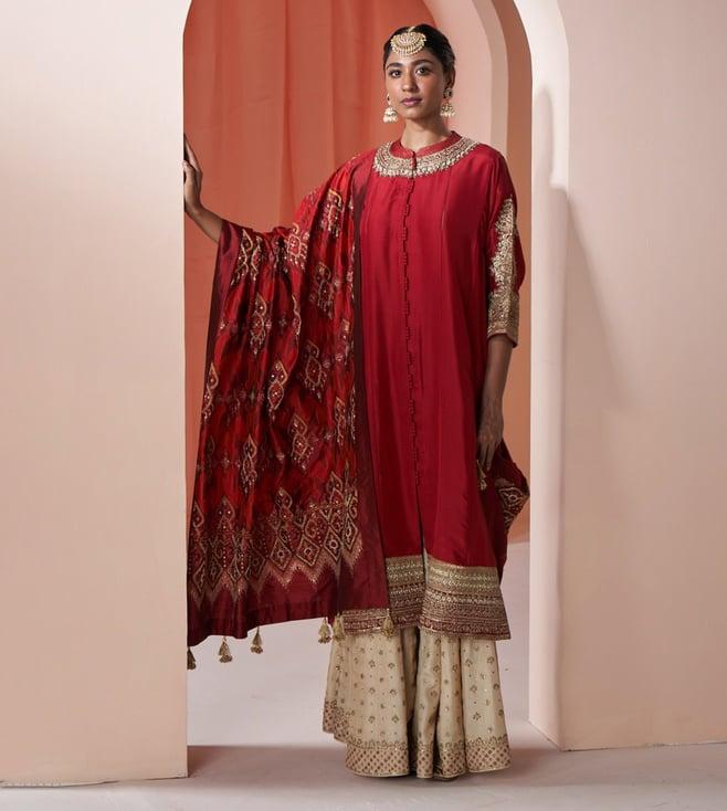 ravissant red ikkat woven hand embroidered dupatta