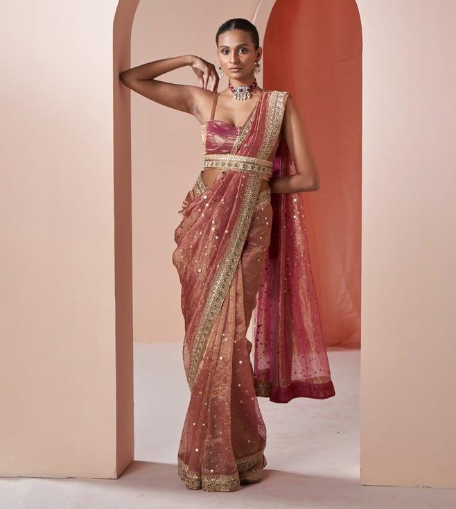 ravissant rose gold tissuse silk allover hand embroidered saree
