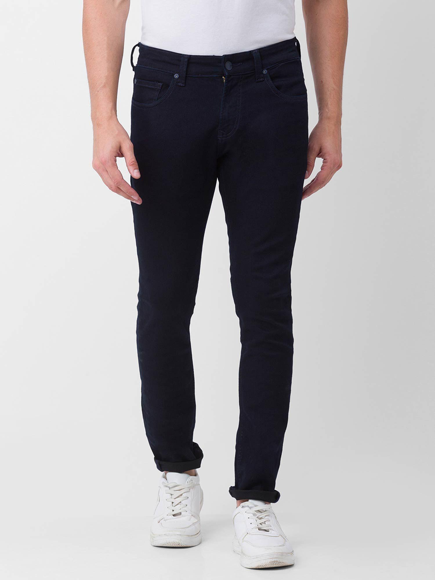 raw blue cotton super slim fit tapered length jeans for men (super skinny)