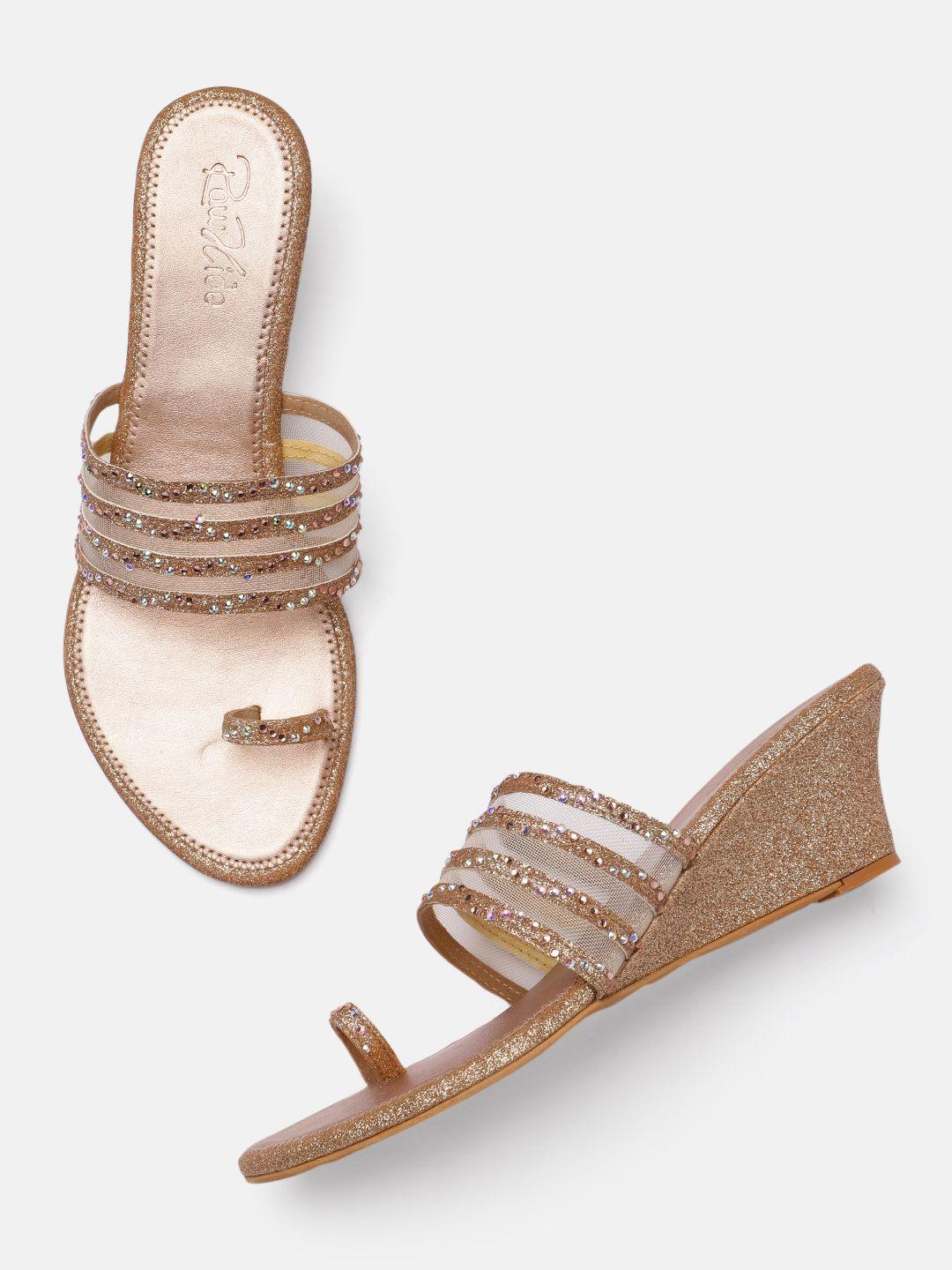raw hide rose gold embellished wedge heels