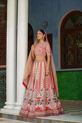 raw silk floral print lehenga choli dupatta set - cream