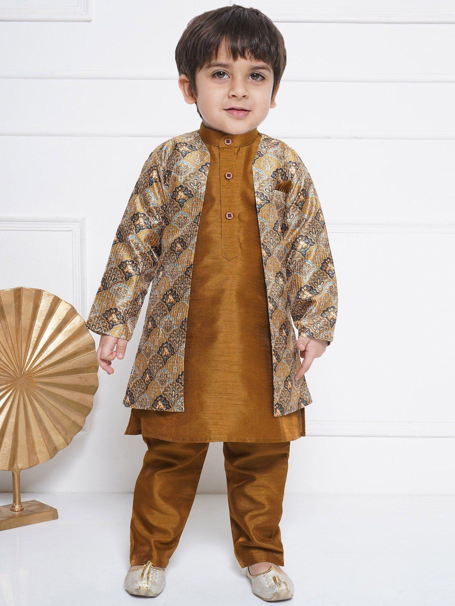 raw silk printed kurta and pyjama with jacket for boys (set of 3)