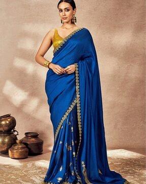 raw silk saree with embellished border & pallu