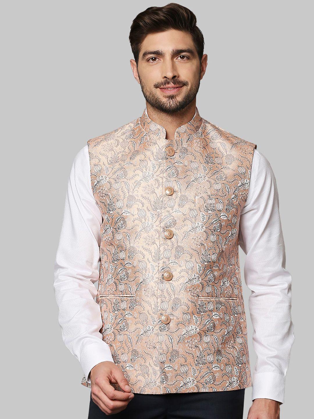raymond men beige floral woven design nehru jacket