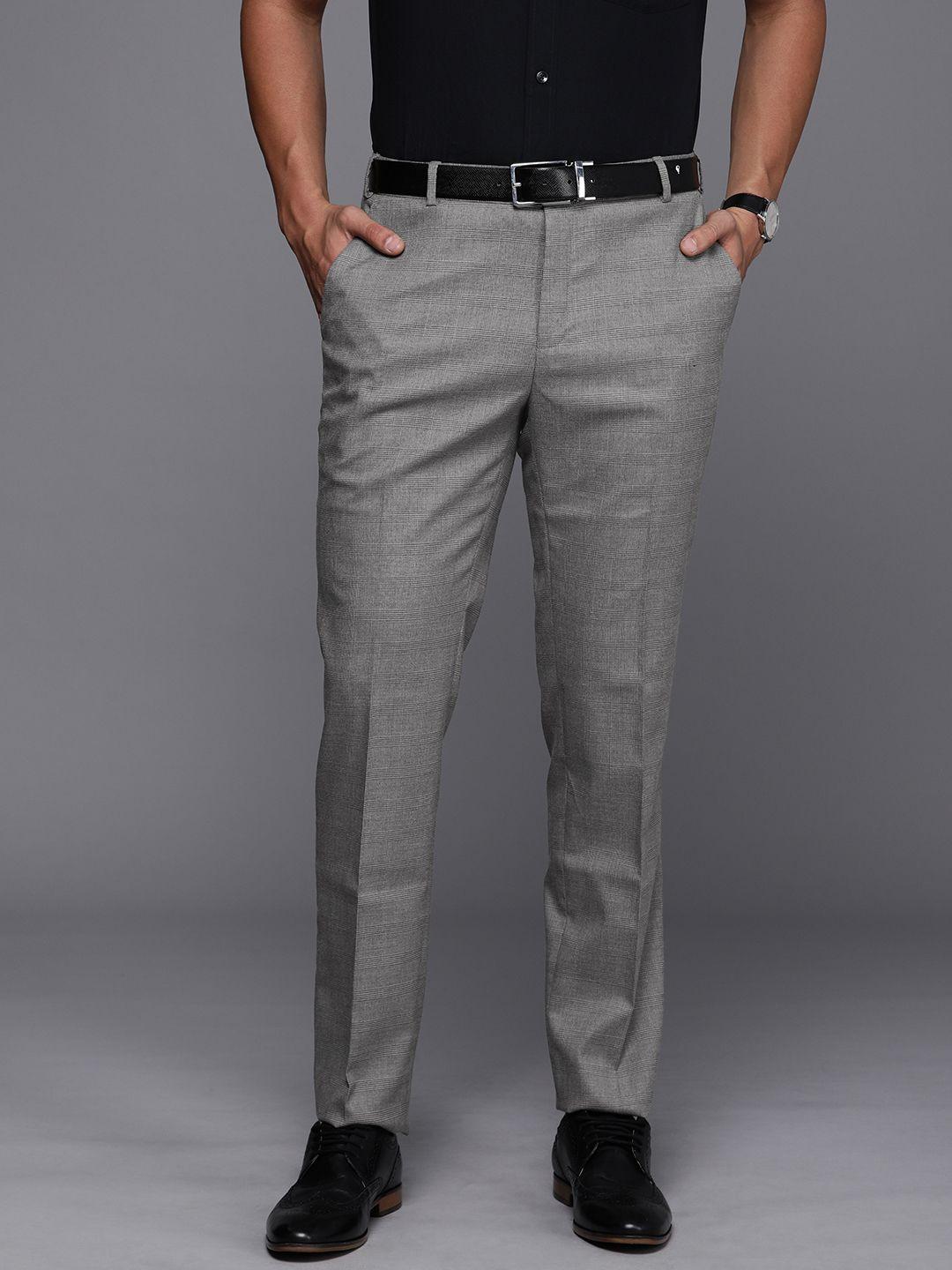 raymond men checked slim fit mid-rise formal trousers