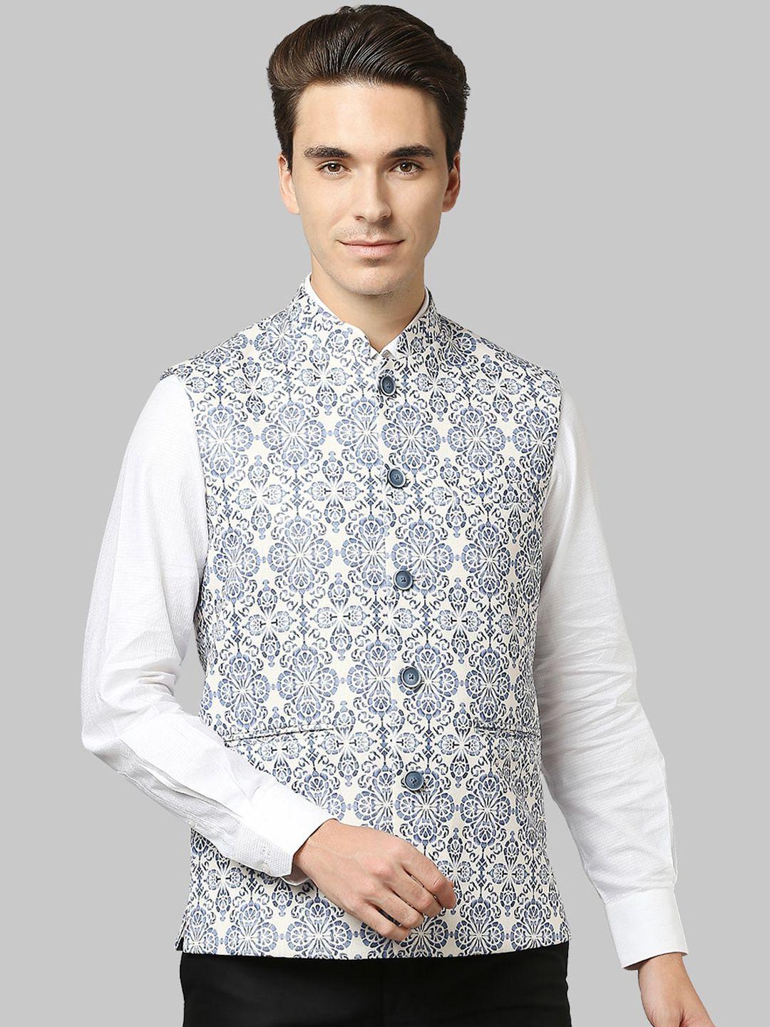 raymond  men white & blue printed nehru jacket