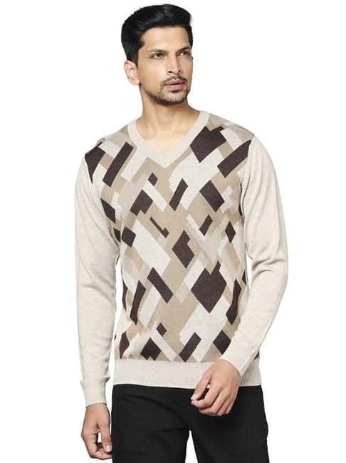 raymond beige  regular fit printed sweaters