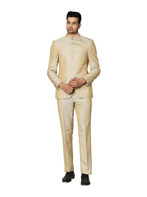 raymond beige regular fit bandhgala suit