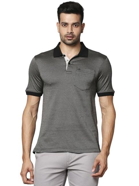 raymond black cotton regular fit printed polo t-shirt