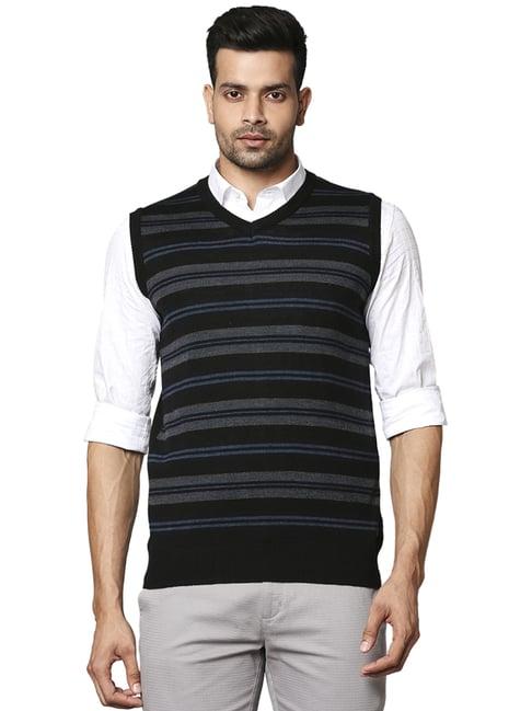 raymond black regular fit striped sweaters