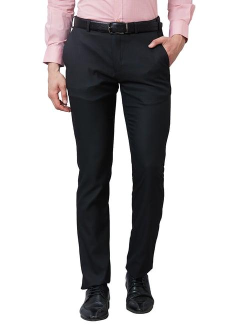 raymond black slim fit textured flat front trousers