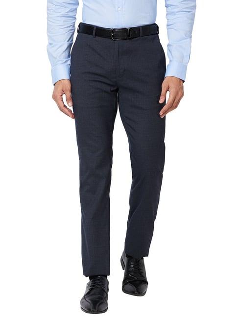 raymond blue slim fit check flat front trousers