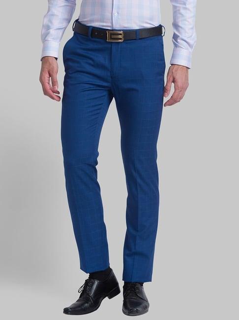 raymond blue slim fit checks trousers