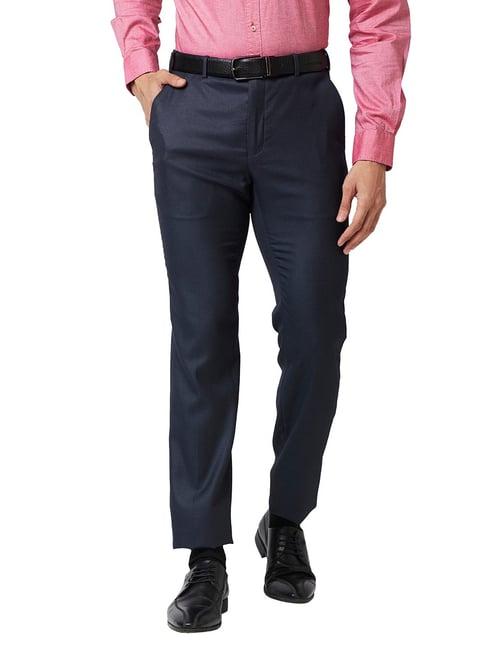 raymond blue slim fit textured flat front trousers