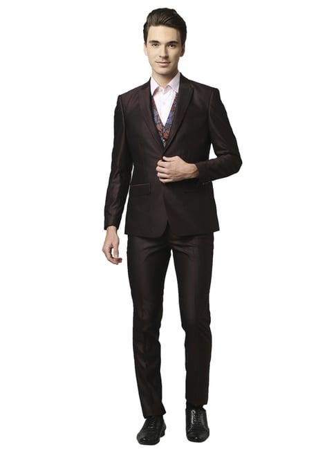 raymond brown  slim fit printed three piece suit