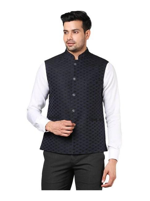 raymond dark blue self design nehru jacket