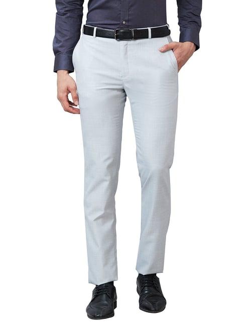 raymond grey slim fit self design flat front trousers