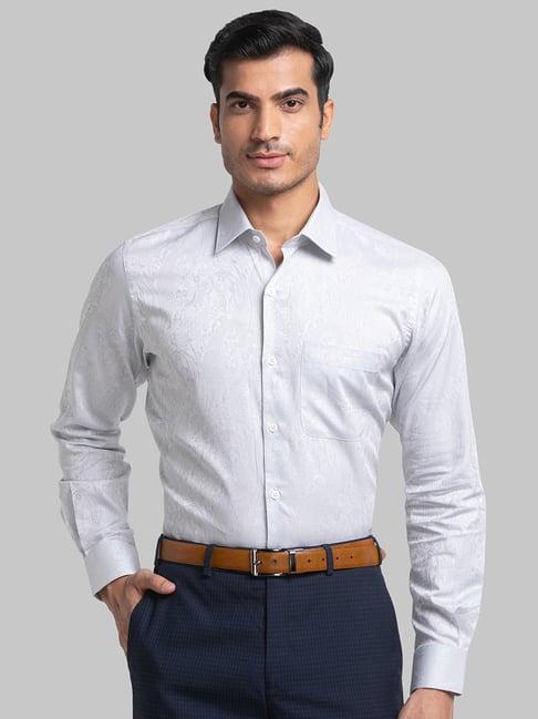 raymond light grey cotton regular fit printed shirt