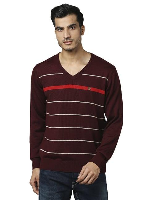 raymond maroon  regular fit striped sweaters