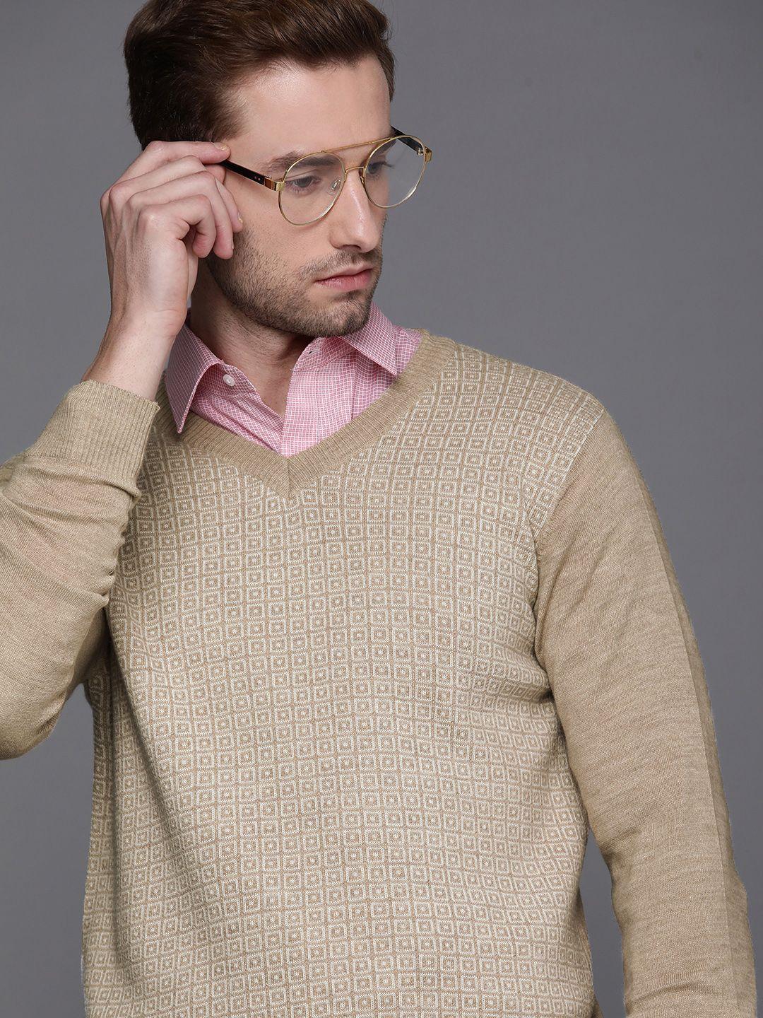raymond men beige printed pullover sweater