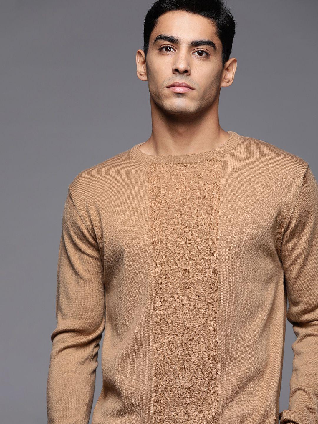 raymond men beige self design pullover