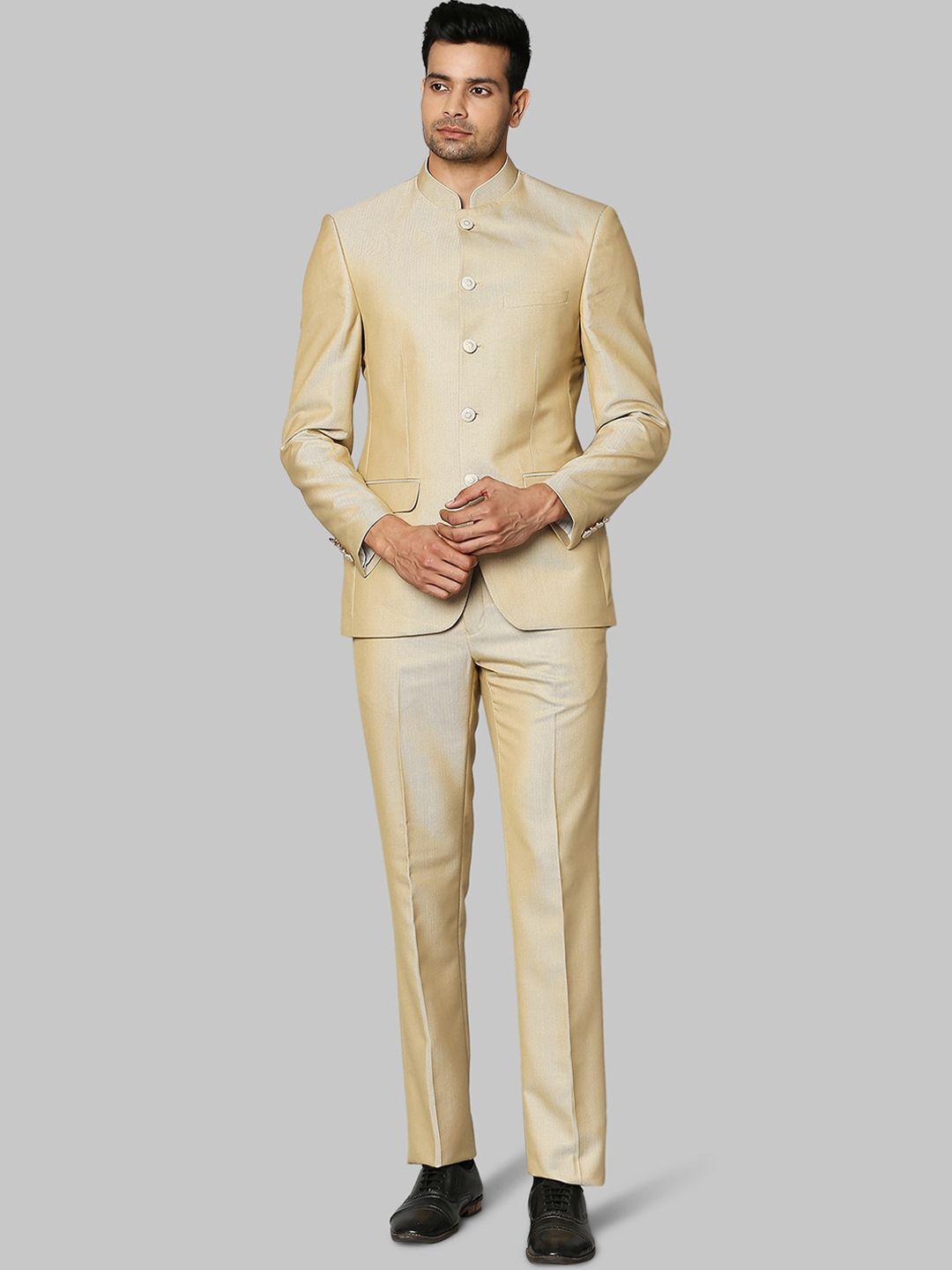 raymond men beige solid bandhgala 2-piece formal suit
