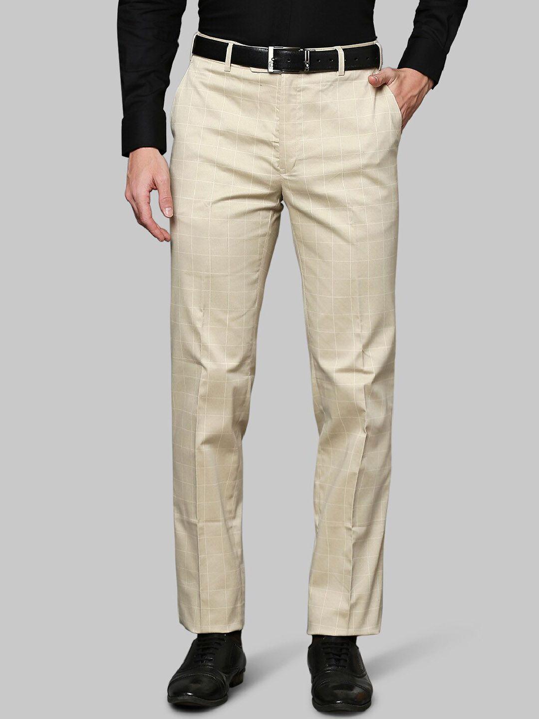 raymond men beige solid cotton formal trousers