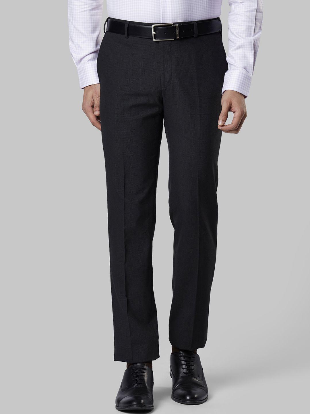 raymond men black slim fit solid formal trousers