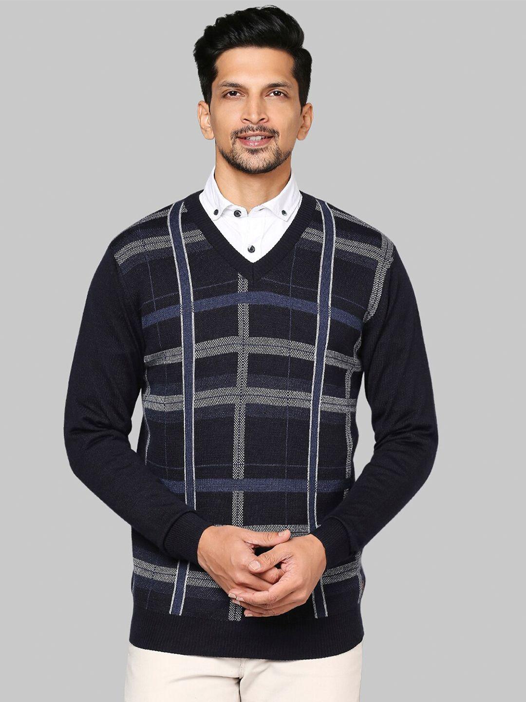 raymond men blue & grey checked pullover