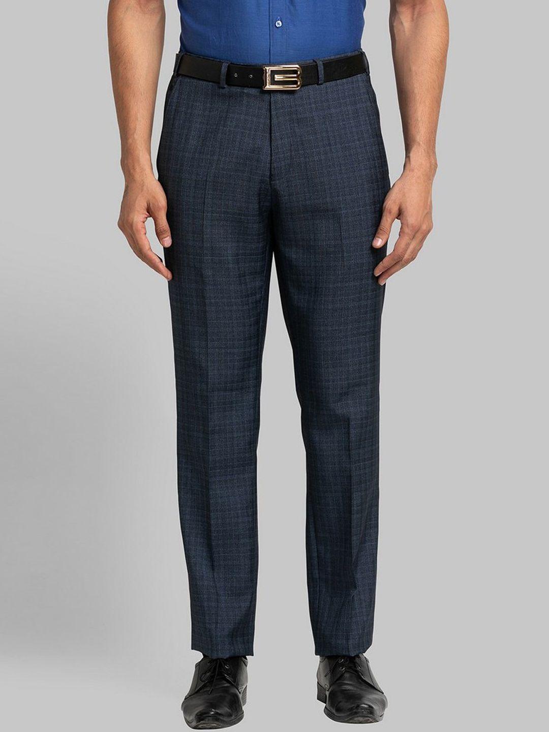 raymond men blue checked formal trousers