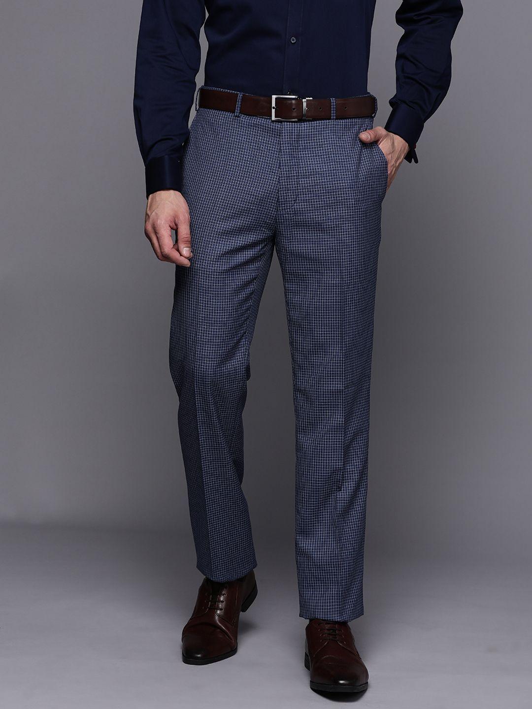 raymond men checked contemporary straight fit formal trousers