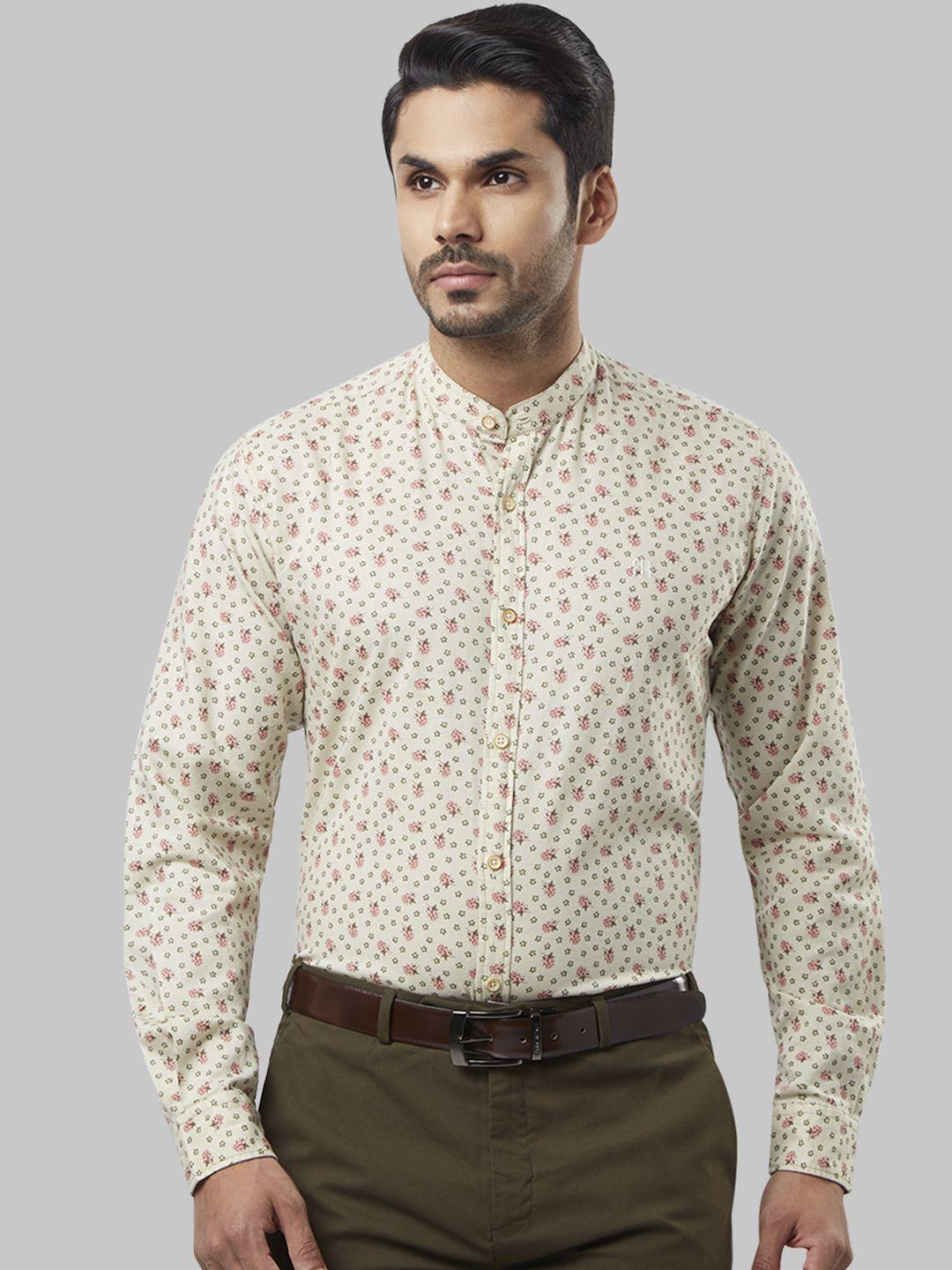 raymond men cream-coloured regular fit printed casual shirt