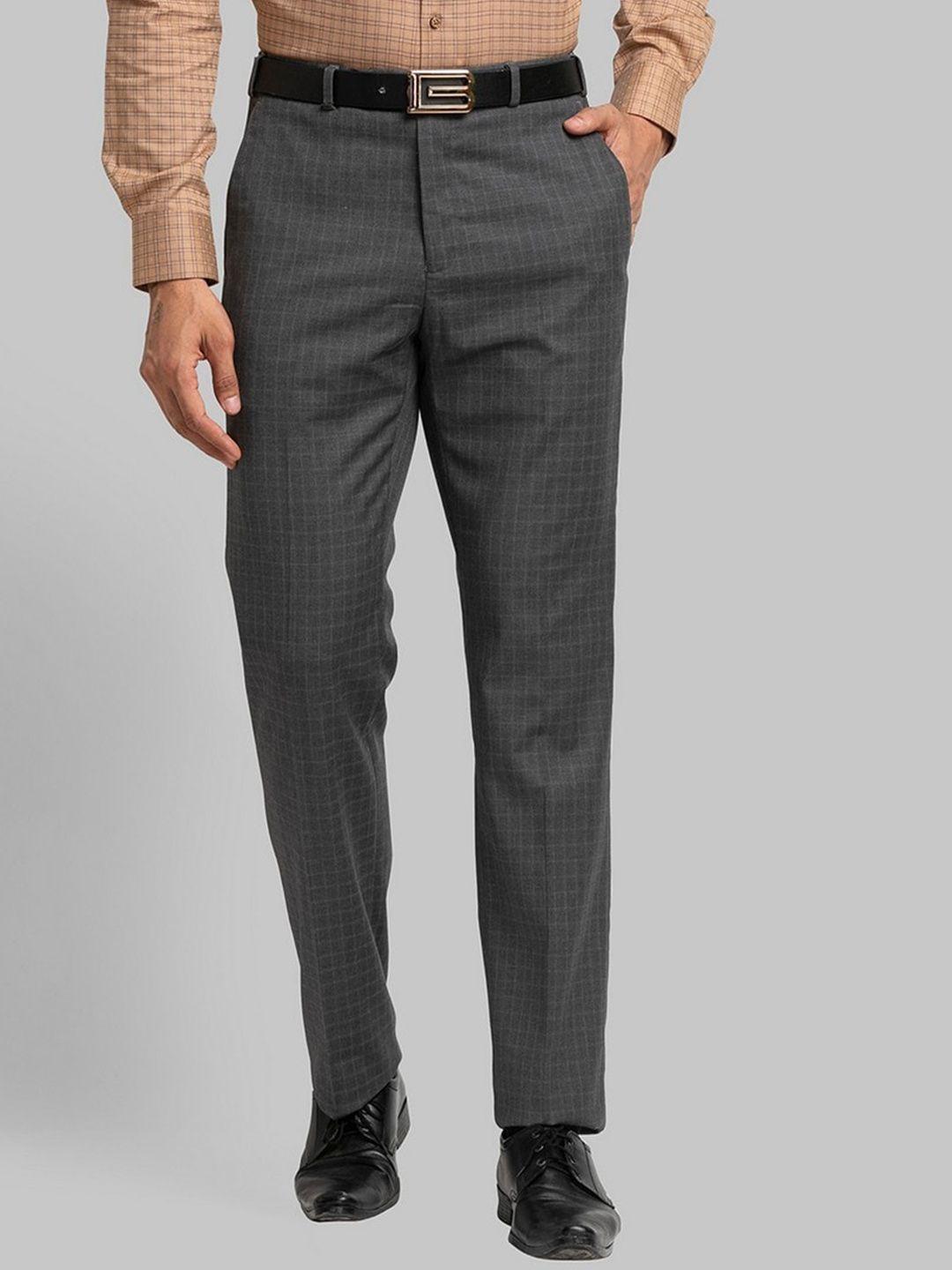 raymond men grey checked regular-fit formal trousers