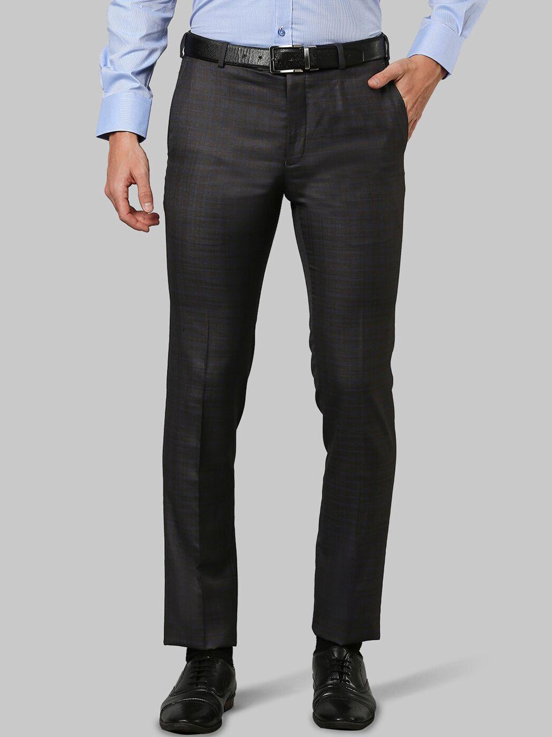 raymond men grey checked slim fit formal trousers