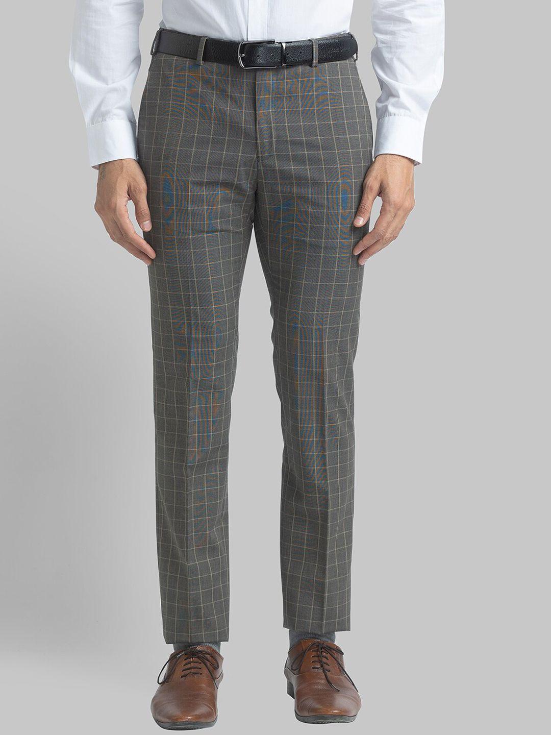 raymond men grey checked slim-fit trousers