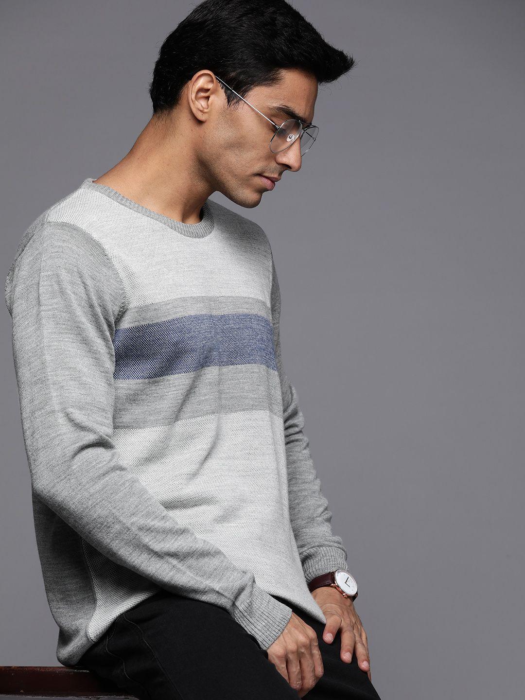 raymond men grey melange & blue striped woolen pullover