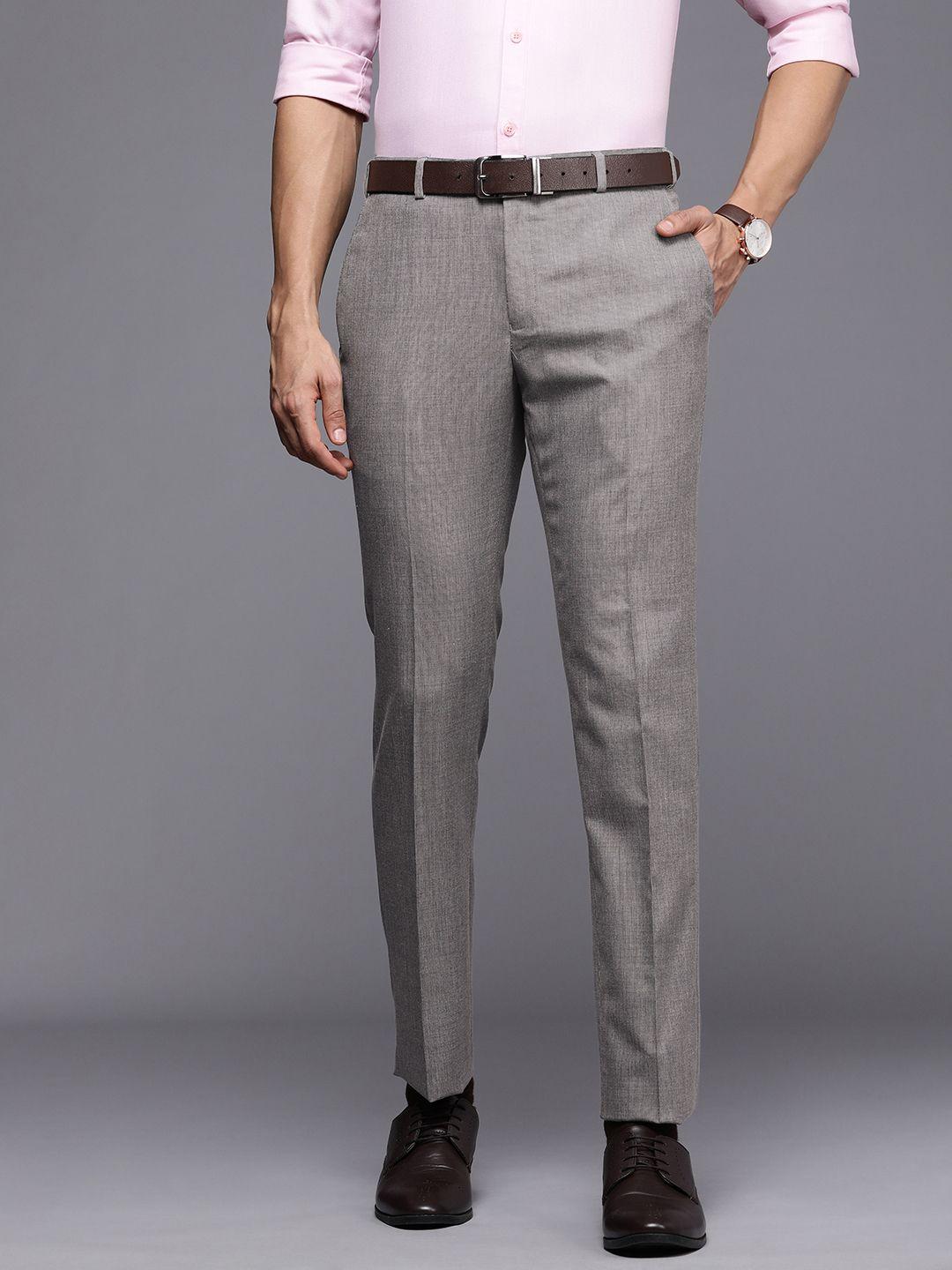 raymond men grey striped slim fit formal trousers