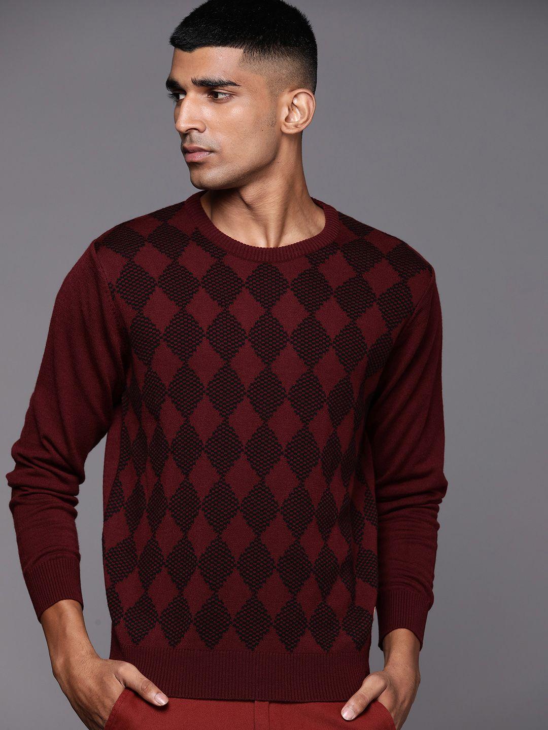 raymond men maroon & black geometric patterned pullover