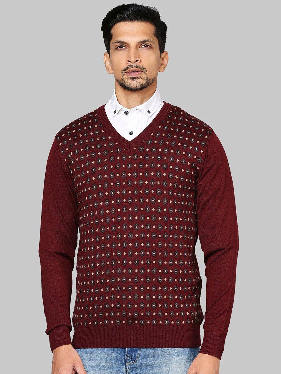 raymond men maroon & white printed pullover sweater