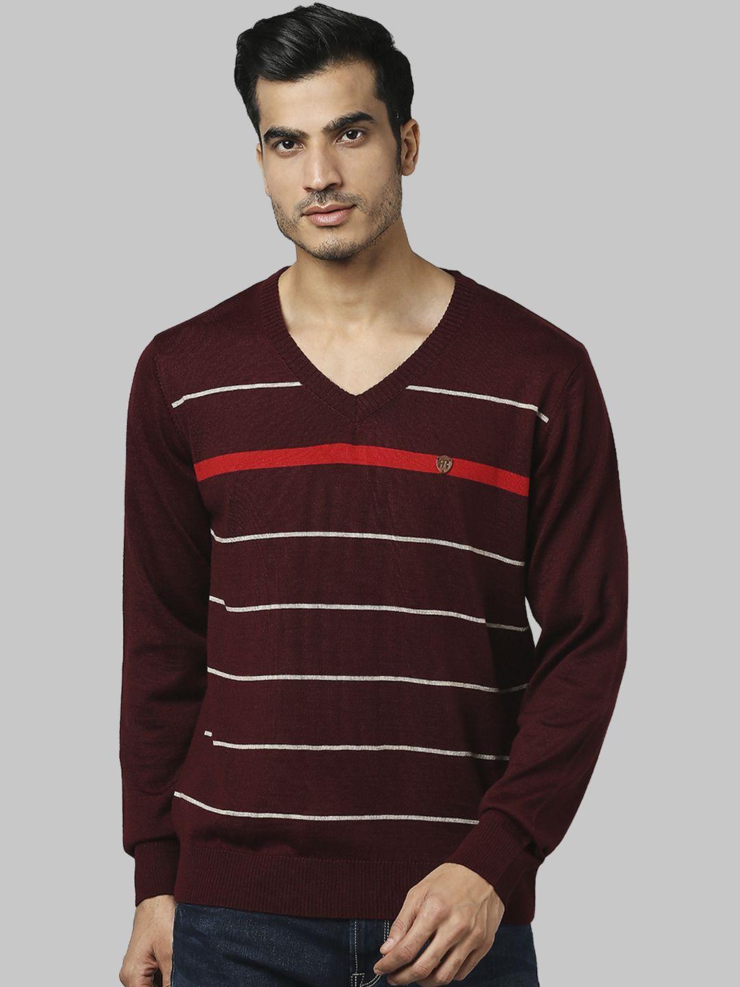 raymond men maroon & white striped pullover