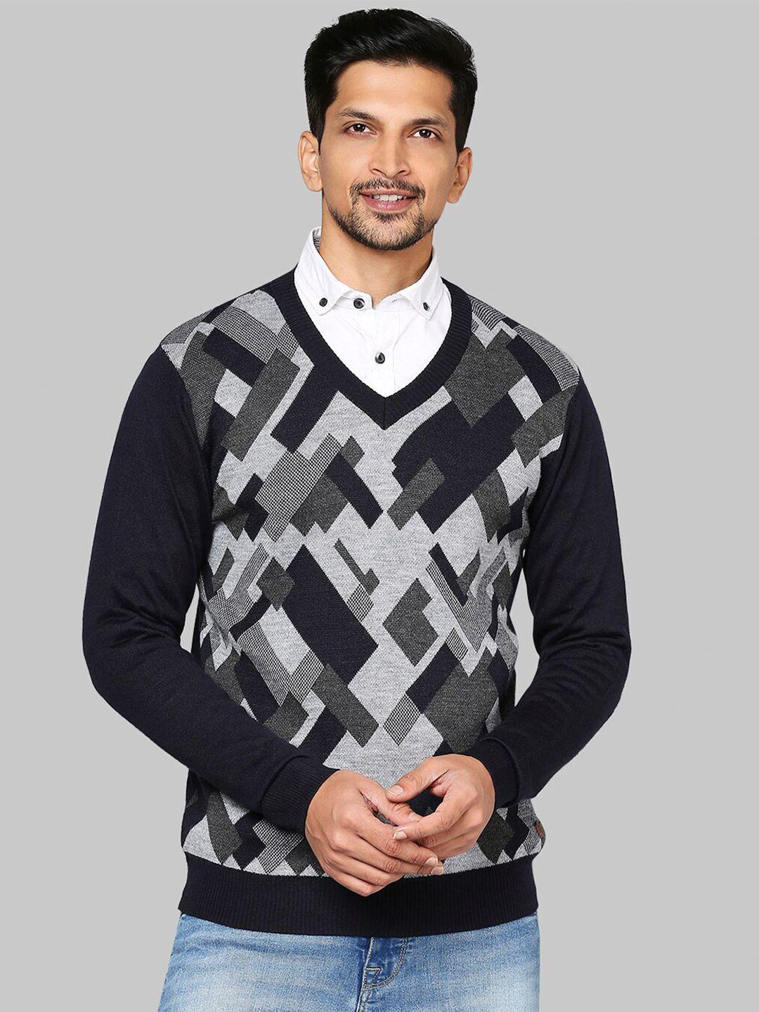 raymond men navy blue & grey printed pullover sweater