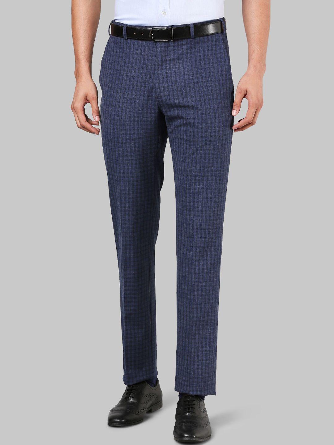 raymond men navy blue slim fit checked formal trousers
